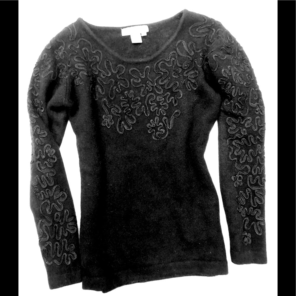 VTG 90s Boston Proper Black Angora tunic sweater Soutache detail scoop neck sz S